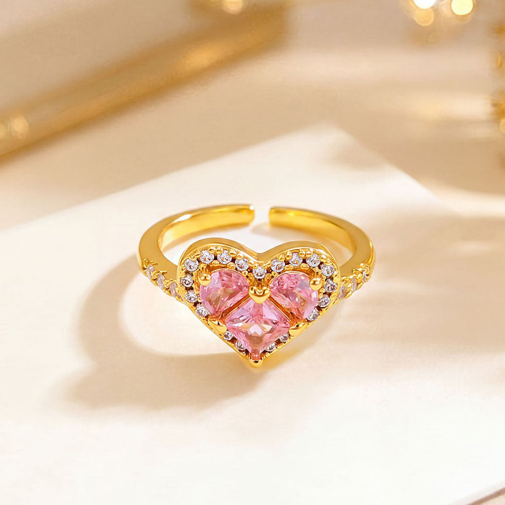 Women’s Elegant Adjustable Heart Ring with Pink Cubic Zirconia and Sparkling Halo