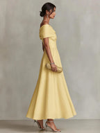 Women’s Yellow Elegant Satin One Shoulder Short Sleeve A-Line Midi Dress with Pockets