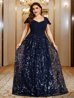 Women’s Navy Blue Elegant Sequin Sweetheart Neck Short Sleeve A-Line Maxi Dress with Peplum Waist Detail