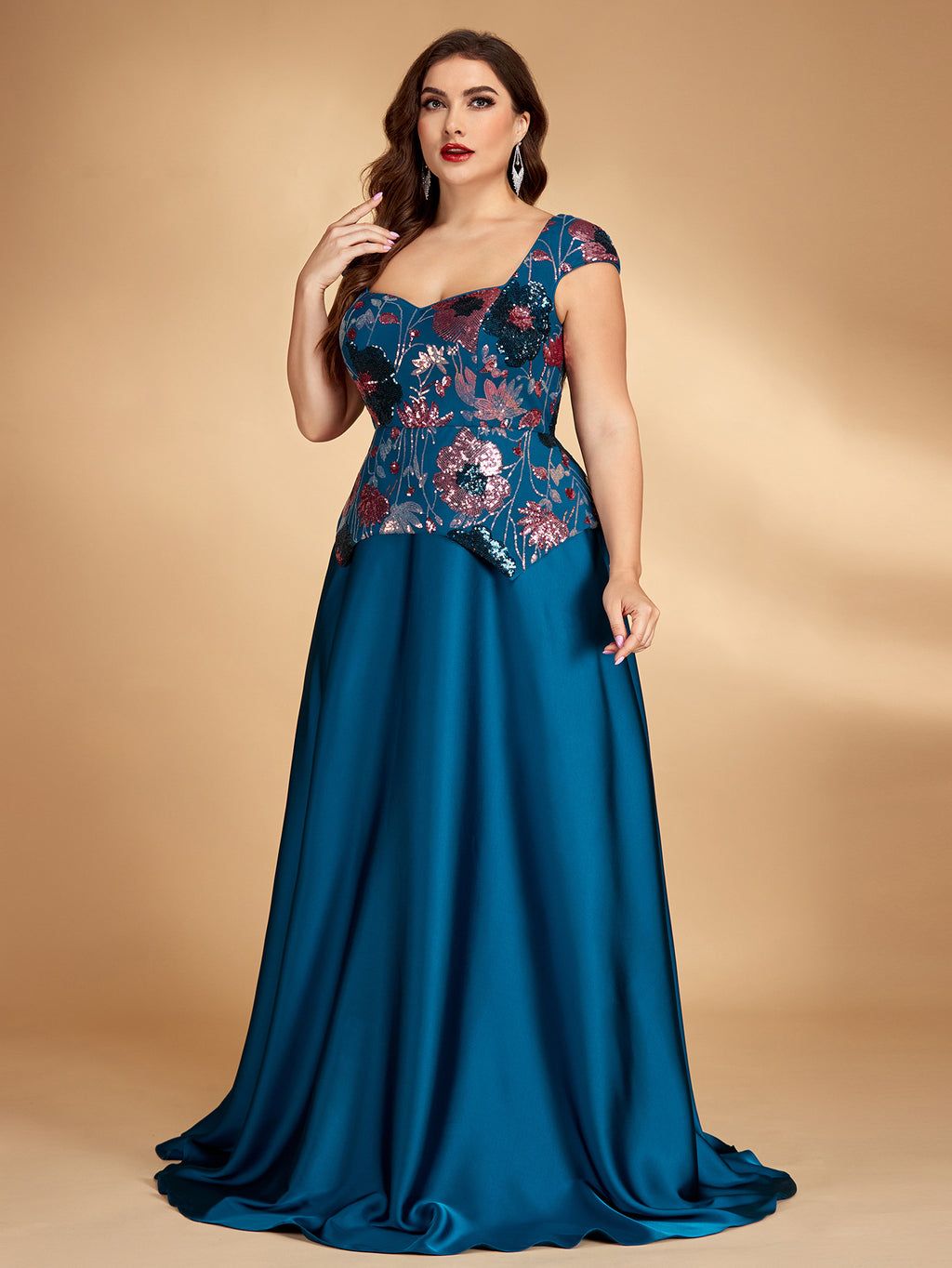 Women’s Teal Blue Elegant Floral Sequin Sweetheart Neck Short Sleeve Satin A-Line Maxi Dress with Peplum Detail