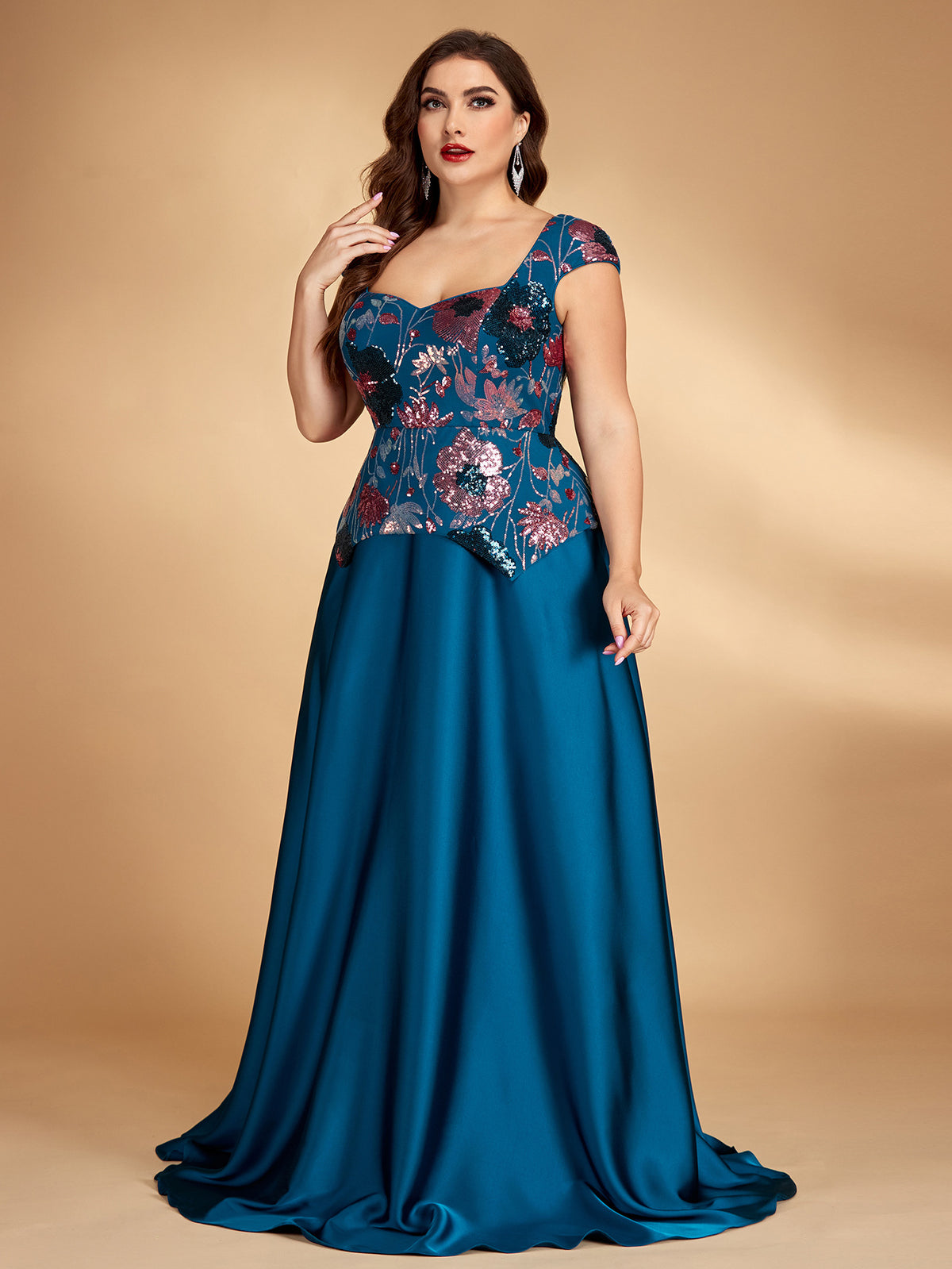 Women’s Teal Blue Elegant Floral Sequin Sweetheart Neck Short Sleeve Satin A-Line Maxi Dress with Peplum Detail