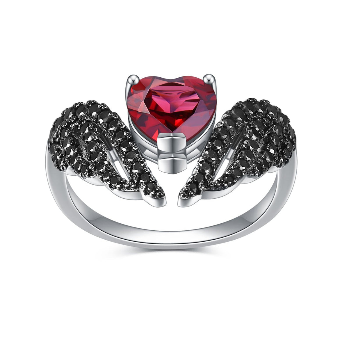 Women’s 925 Sterling Silver Heart Ring with Black Wings and Gemstone Center