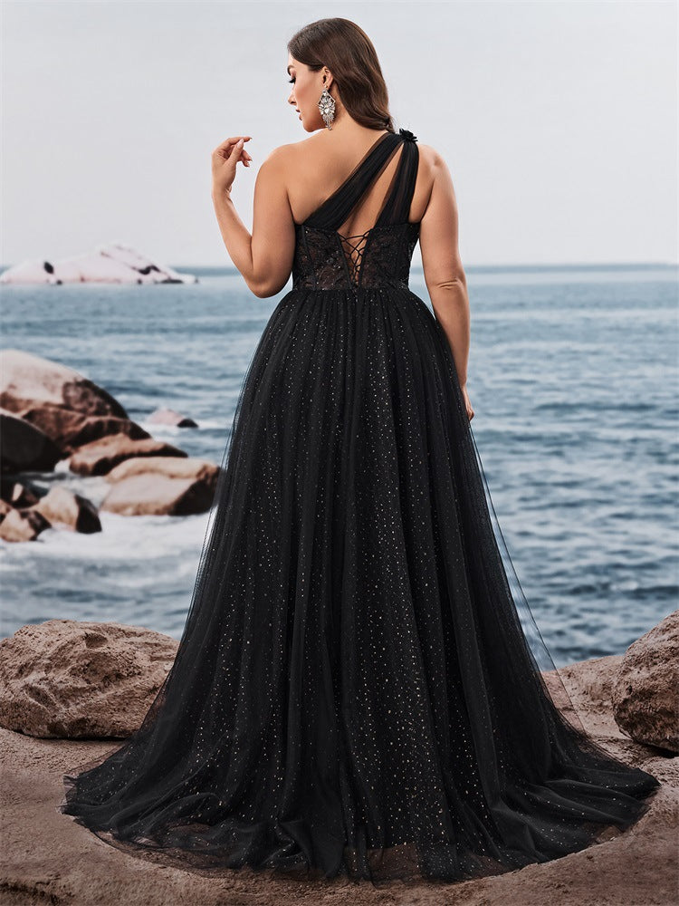 Women’s Black Glamorous Glitter One Shoulder Sleeveless A-Line Maxi Dress with Sheer Lace Corset and High Slit