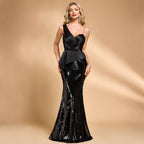 Women’s Black Glamorous Sequin Asymmetric Neck Sleeveless Mermaid Maxi Dress with Ruched Peplum Detail