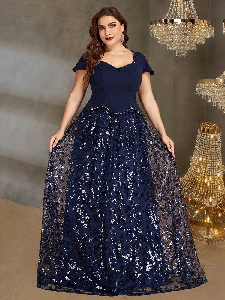 Women’s Navy Blue Elegant Sequin Sweetheart Neck Short Sleeve A-Line Maxi Dress with Peplum Waist Detail