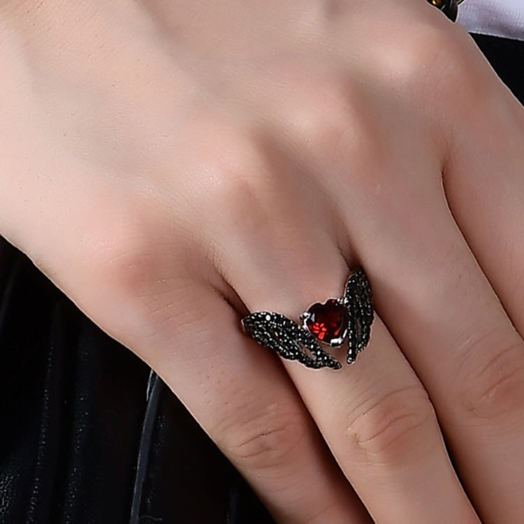 Women’s 925 Sterling Silver Heart Ring with Black Wings and Gemstone Center