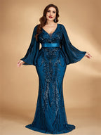 Women’s Teal Blue Elegant Sequin V-Neck Long Bell Sleeve Mermaid Maxi Dress with Pleated Chiffon Detail