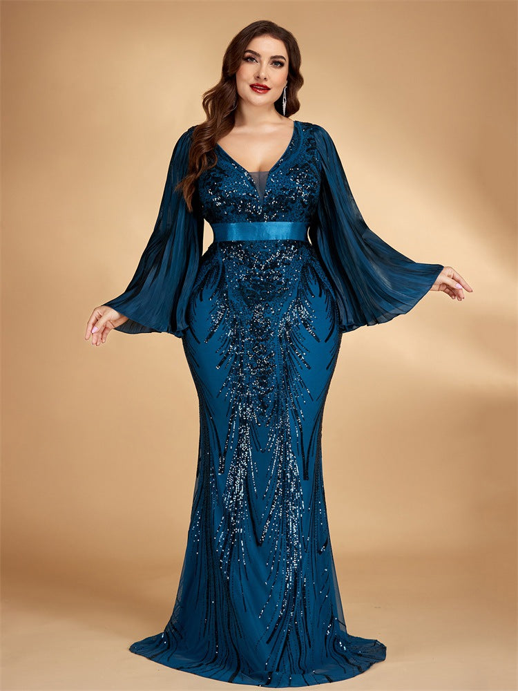 Women’s Teal Blue Elegant Sequin V-Neck Long Bell Sleeve Mermaid Maxi Dress with Pleated Chiffon Detail
