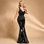 Women’s Black Glamorous Sequin Asymmetric Neck Sleeveless Mermaid Maxi Dress with Ruched Peplum Detail