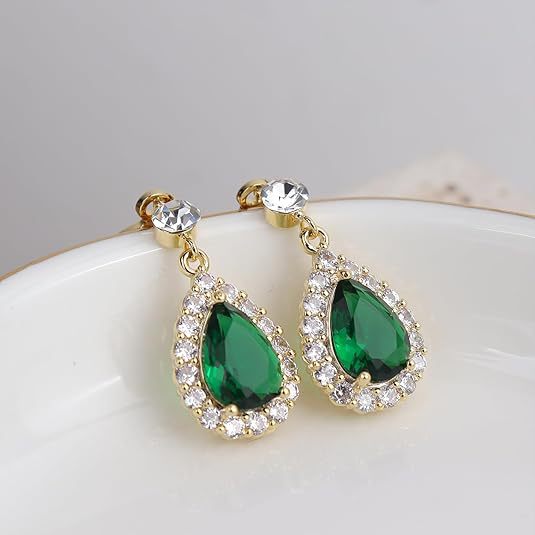 Women’s Gold-Tone Emerald Green Teardrop Rhinestone Halo Drop Earrings