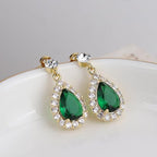 Women’s Gold-Tone Emerald Green Teardrop Rhinestone Halo Drop Earrings