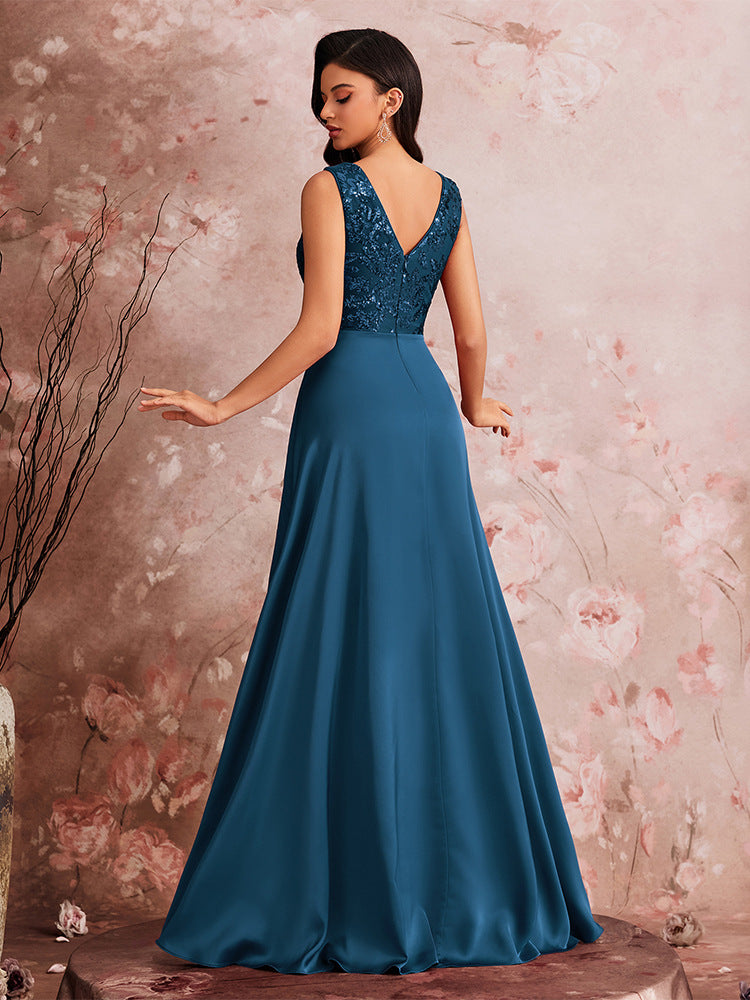 Women’s Teal Blue Elegant V-Neck Sleeveless Pleated A-Line Maxi Dress with Sequin Detail and High Slit