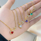 Women’s Dainty Safety Pin Necklace with Pink Heart and Sparkling Stone Detail