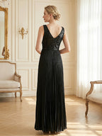 Women’s Black Elegant Sequin V-Neck Sleeveless Pleated A-Line Maxi Dress with Ruched Waist Detail