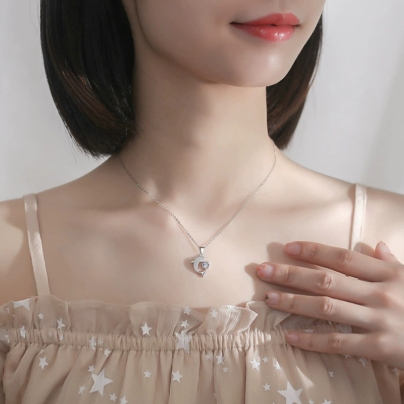 Women’s S925 Sterling Silver Dolphin Moissanite Pendant Necklace – 1CT