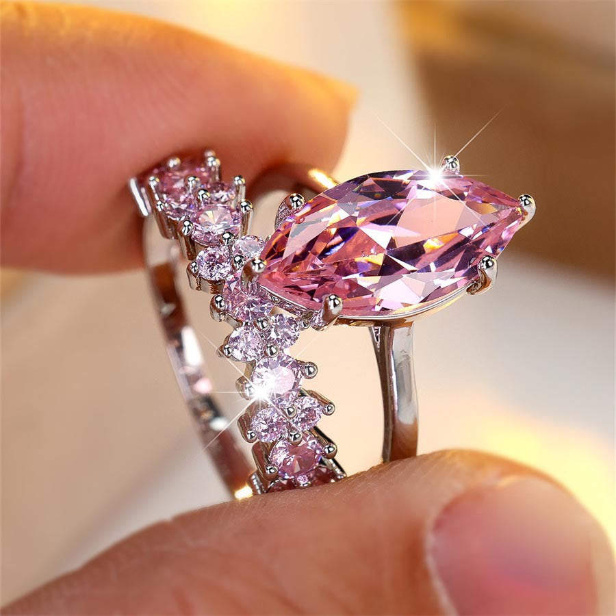 Women’s Marquise Cubic Zirconia Two-Piece Ring Set with Sparkling Stacking Band