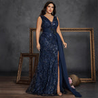 Women’s Navy Blue Elegant Sequin V-Neck Sleeveless Mermaid Maxi Dress with Floral Appliqué and Draped Detail