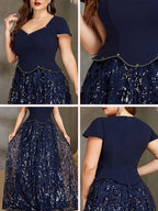Women’s Navy Blue Elegant Sequin Sweetheart Neck Short Sleeve A-Line Maxi Dress with Peplum Waist Detail