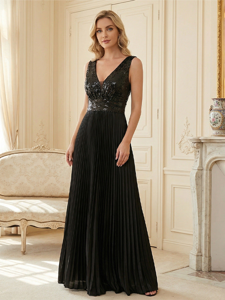 Women’s Black Elegant Sequin V-Neck Sleeveless Pleated A-Line Maxi Dress with Ruched Waist Detail