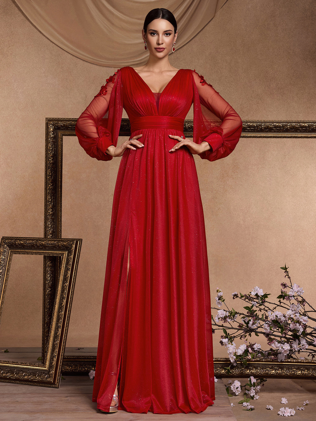 Women’s Red Elegant Glitter V-Neck Sheer Long Sleeve A-Line Maxi Dress with Floral Appliqué and High Slit