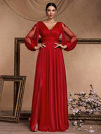 Women’s Red Elegant Glitter V-Neck Sheer Long Sleeve A-Line Maxi Dress with Floral Appliqué and High Slit