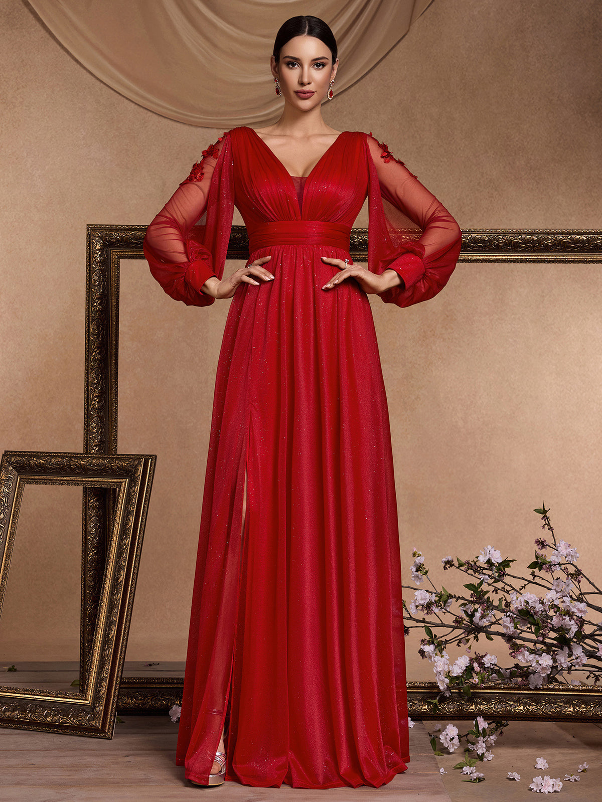 Women’s Red Elegant Glitter V-Neck Sheer Long Sleeve A-Line Maxi Dress with Floral Appliqué and High Slit