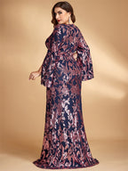 Women’s Navy Blue Elegant Sequin V-Neck Cape Sleeve Mermaid Maxi Dress with Rose Gold Floral Embroidery