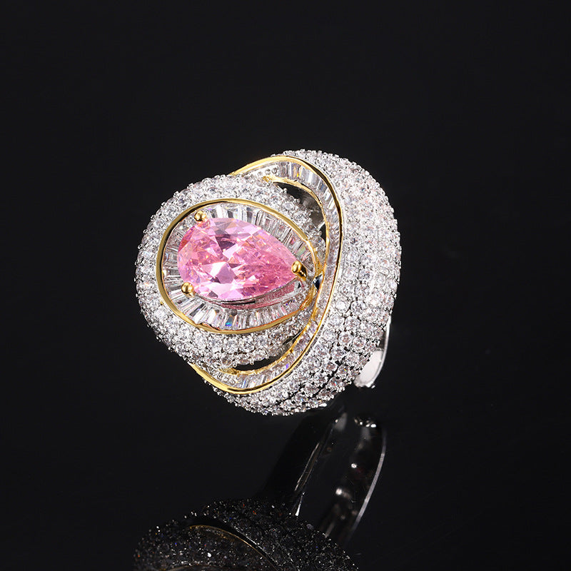 Women’s Elegant Pear-Shaped Cubic Zirconia Adjustable Ring with Layered Halo Detail