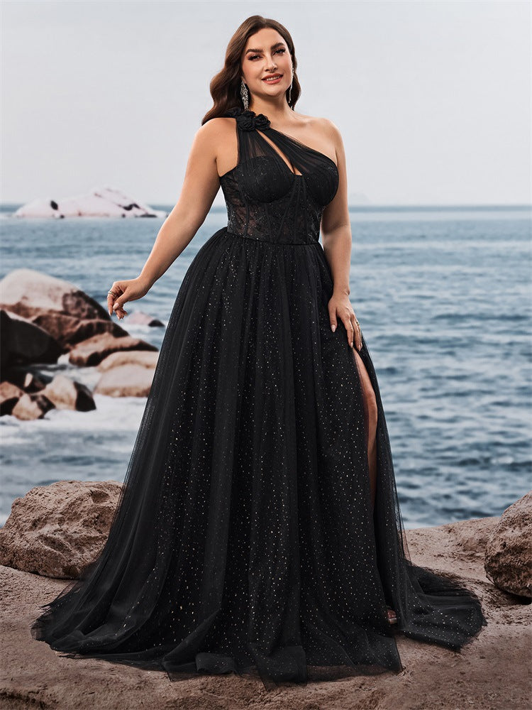 Women’s Black Glamorous Glitter One Shoulder Sleeveless A-Line Maxi Dress with Sheer Lace Corset and High Slit