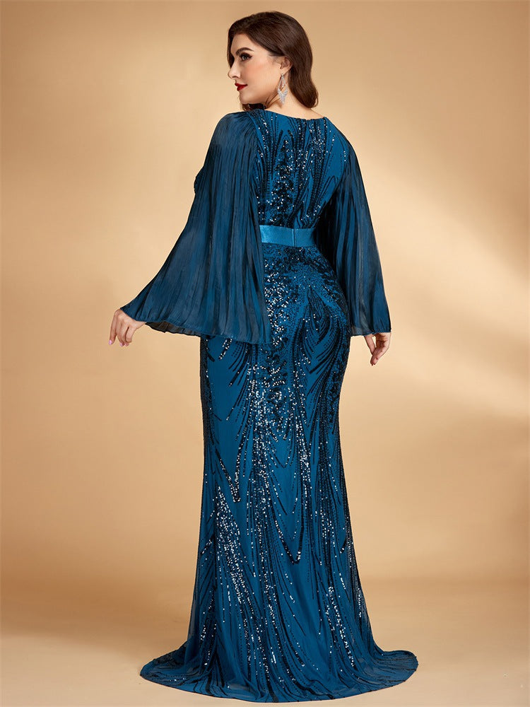 Women’s Teal Blue Elegant Sequin V-Neck Long Bell Sleeve Mermaid Maxi Dress with Pleated Chiffon Detail