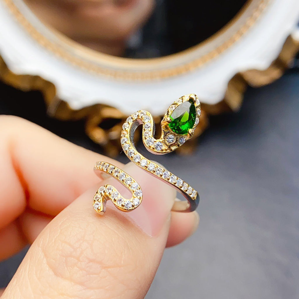 Women’s 925 Sterling Silver Adjustable Snake Ring with Natural Green Diopside