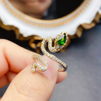 Women’s 925 Sterling Silver Adjustable Snake Ring with Natural Green Diopside