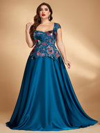 Women’s Teal Blue Elegant Floral Sequin Sweetheart Neck Short Sleeve Satin A-Line Maxi Dress with Peplum Detail