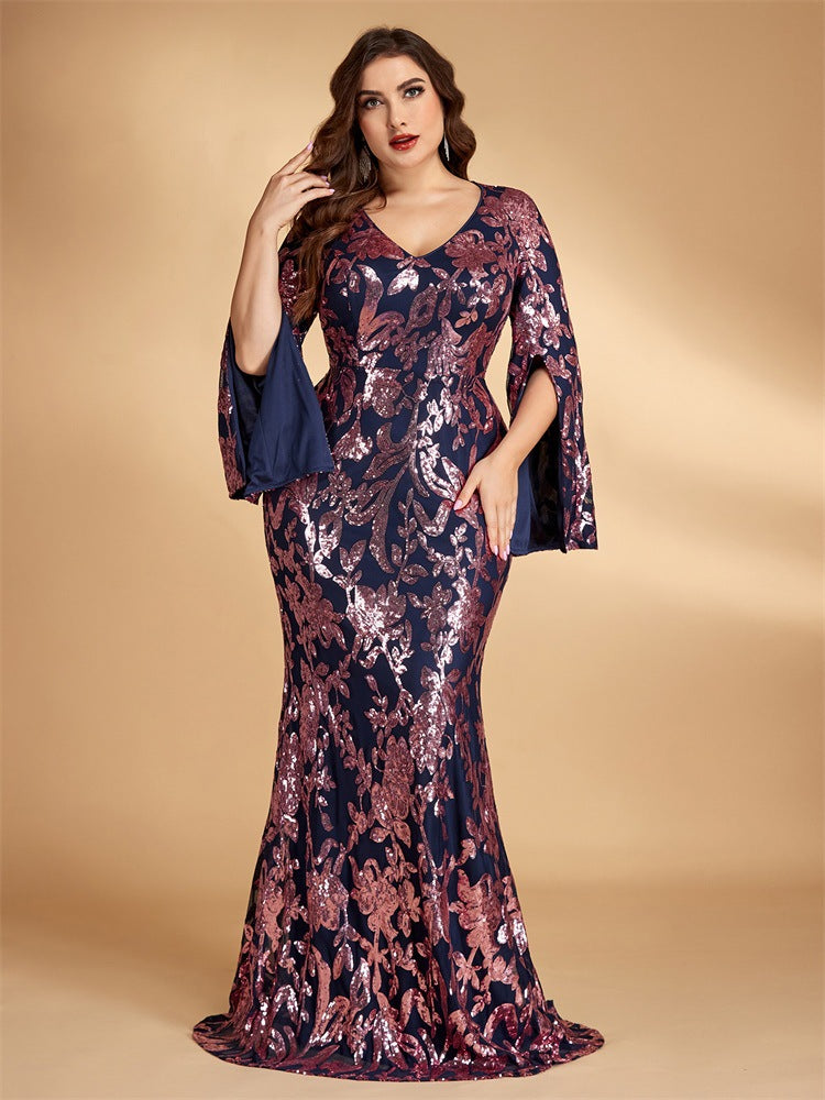 Women’s Navy Blue Elegant Sequin V-Neck Cape Sleeve Mermaid Maxi Dress with Rose Gold Floral Embroidery