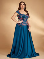 Women’s Teal Blue Elegant Floral Sequin Sweetheart Neck Short Sleeve Satin A-Line Maxi Dress with Peplum Detail