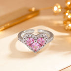 Women’s Elegant Adjustable Heart Ring with Pink Cubic Zirconia and Sparkling Halo
