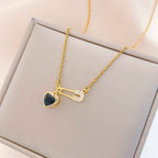 Women’s Dainty Safety Pin Necklace with Pink Heart and Sparkling Stone Detail