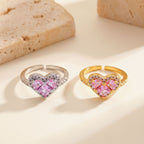 Women’s Elegant Adjustable Heart Ring with Pink Cubic Zirconia and Sparkling Halo