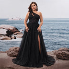 Women’s Black Glamorous Glitter One Shoulder Sleeveless A-Line Maxi Dress with Sheer Lace Corset and High Slit