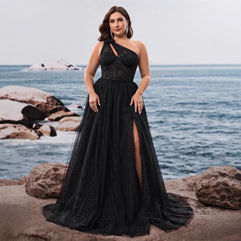 Women’s Black Glamorous Glitter One Shoulder Sleeveless A-Line Maxi Dress with Sheer Lace Corset and High Slit