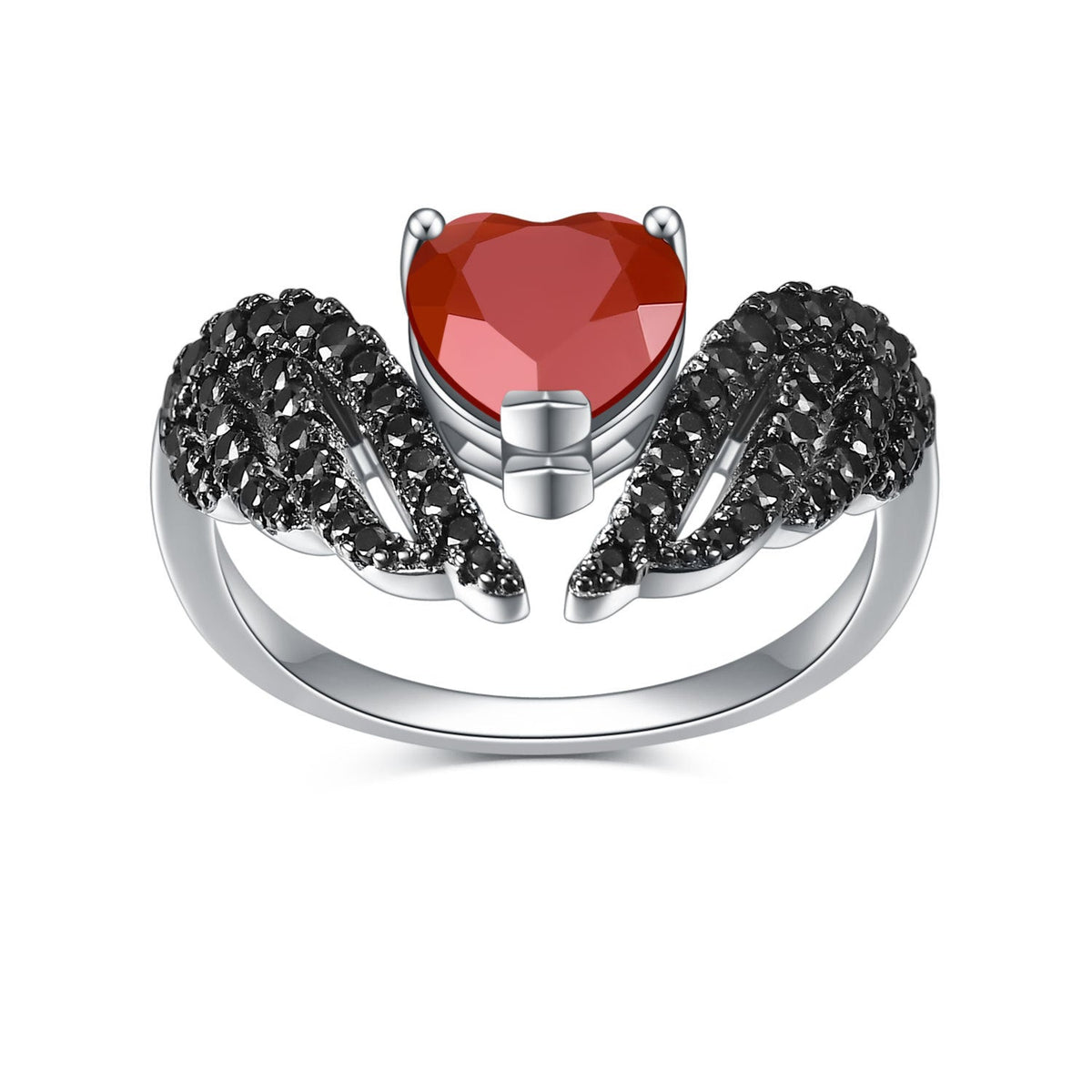 Women’s 925 Sterling Silver Heart Ring with Black Wings and Gemstone Center