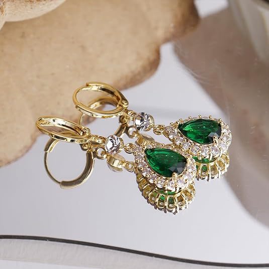Women’s Gold-Tone Emerald Green Teardrop Rhinestone Halo Drop Earrings