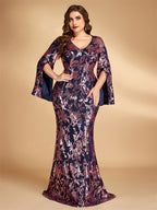 Women’s Navy Blue Elegant Sequin V-Neck Cape Sleeve Mermaid Maxi Dress with Rose Gold Floral Embroidery