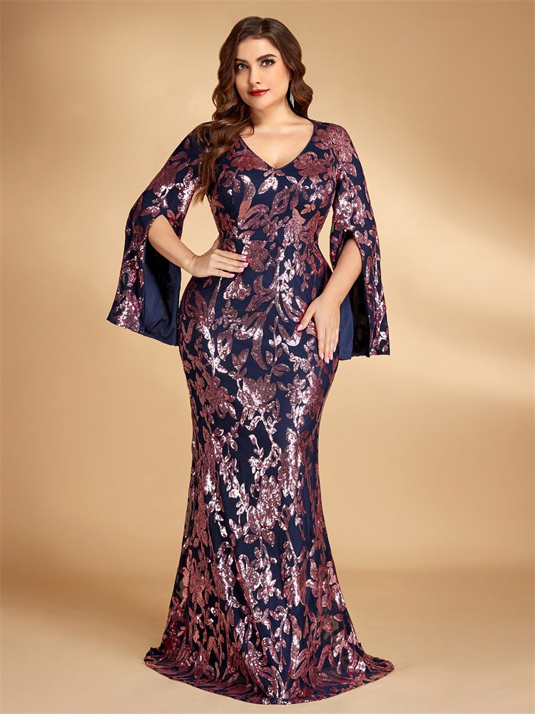 Women’s Navy Blue Elegant Sequin V-Neck Cape Sleeve Mermaid Maxi Dress with Rose Gold Floral Embroidery