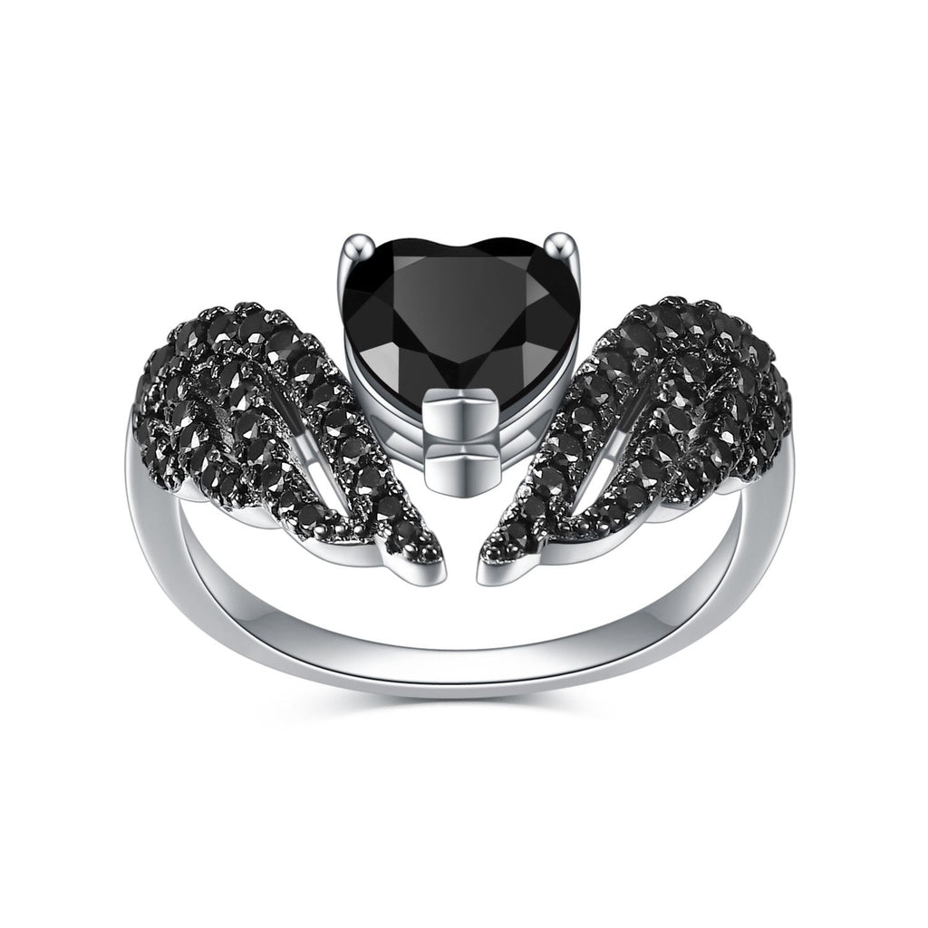 Women’s 925 Sterling Silver Heart Ring with Black Wings and Gemstone Center