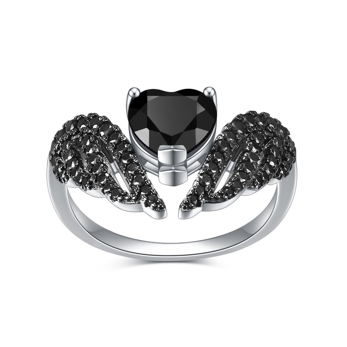 Women’s 925 Sterling Silver Heart Ring with Black Wings and Gemstone Center