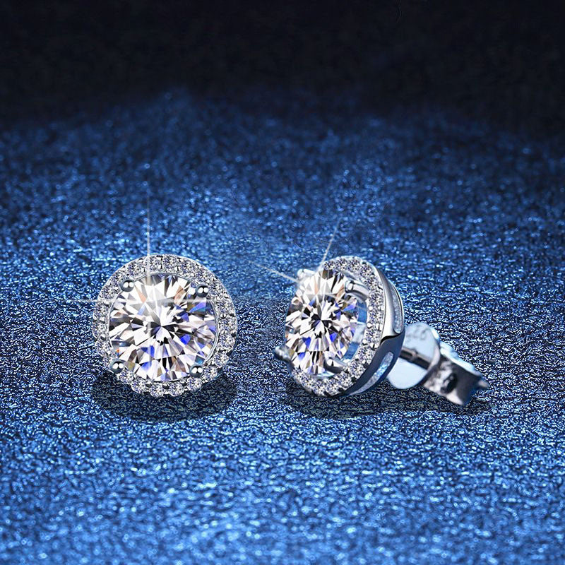 Women’s S925 Sterling Silver Round-Cut Moissanite Halo Stud Earrings – 0.1CT to 2CT