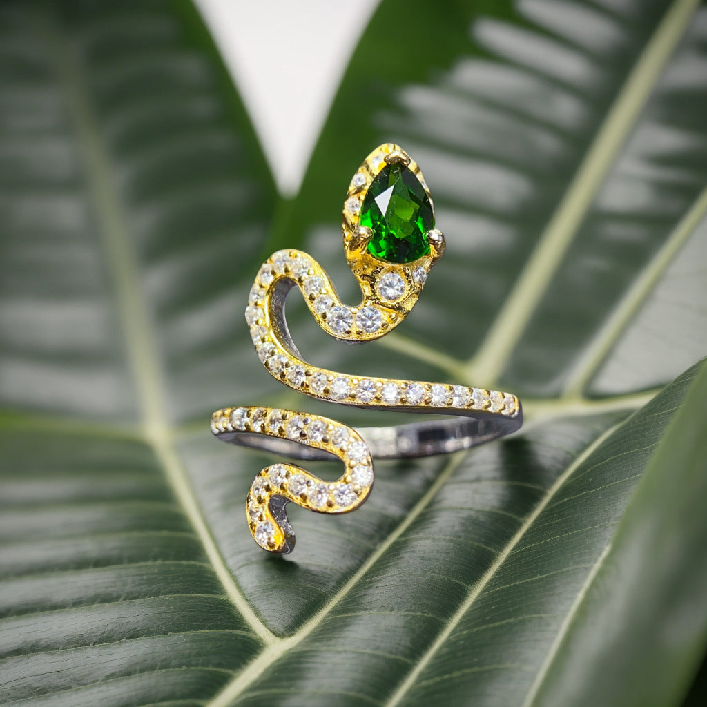 Women’s 925 Sterling Silver Adjustable Snake Ring with Natural Green Diopside