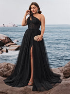 Women’s Black Glamorous Glitter One Shoulder Sleeveless A-Line Maxi Dress with Sheer Lace Corset and High Slit
