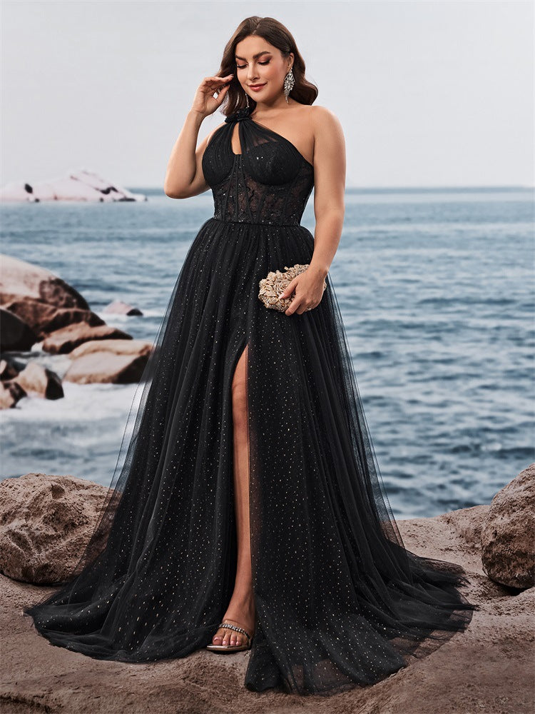Women’s Black Glamorous Glitter One Shoulder Sleeveless A-Line Maxi Dress with Sheer Lace Corset and High Slit